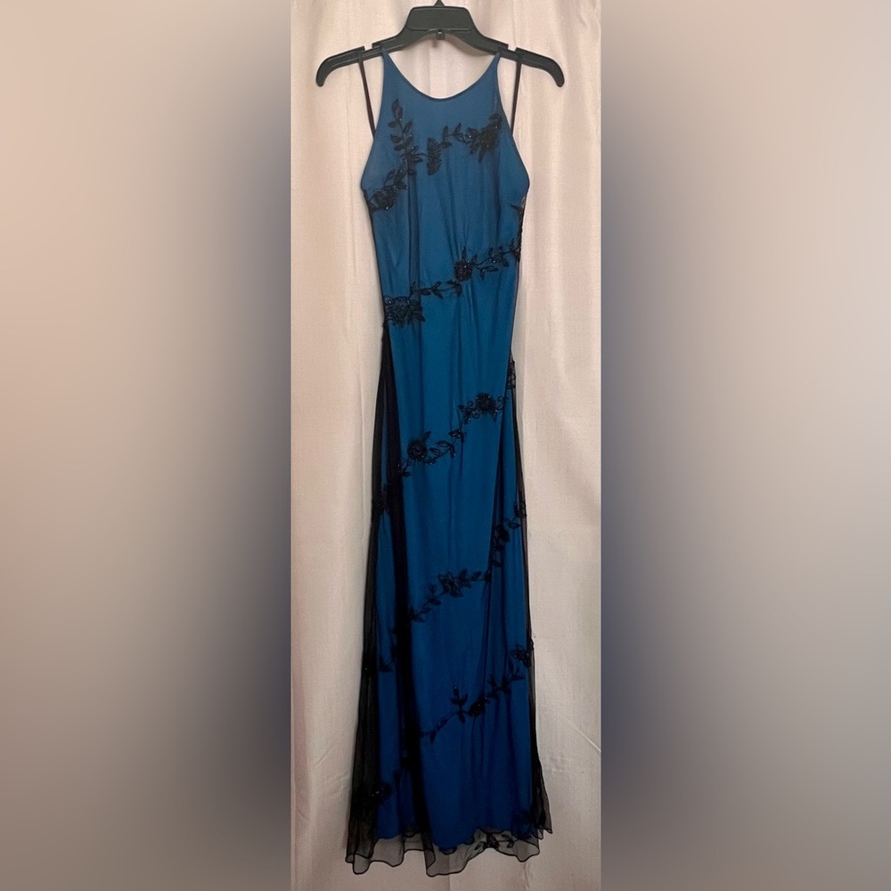 Regina Blue Black Beaded Mesh Overlay Formal Dress 6